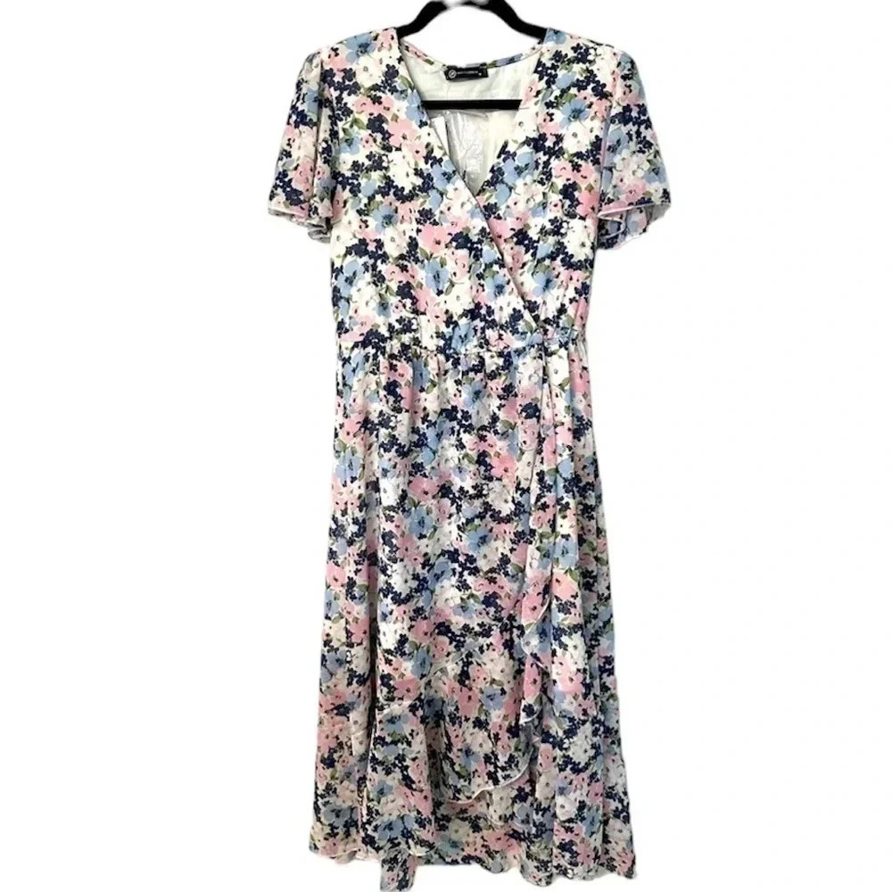 NWT Pretty Garden Women's Boho Ruffle Floral Summer V-Neck Faux Wrap Dress Sz Md